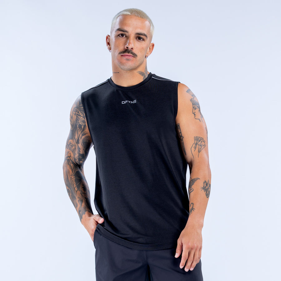 Men's black sleeveless tank top with small chest logo