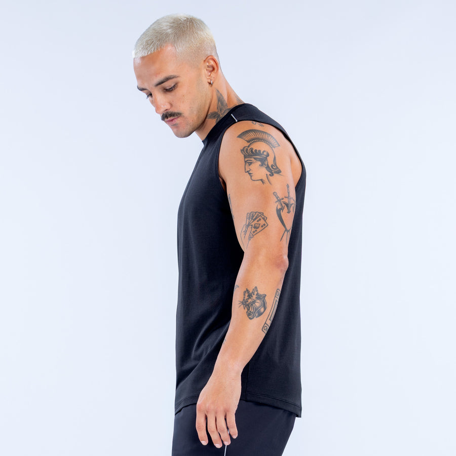 Men's black sleeveless tank top, side profile with small chest logo