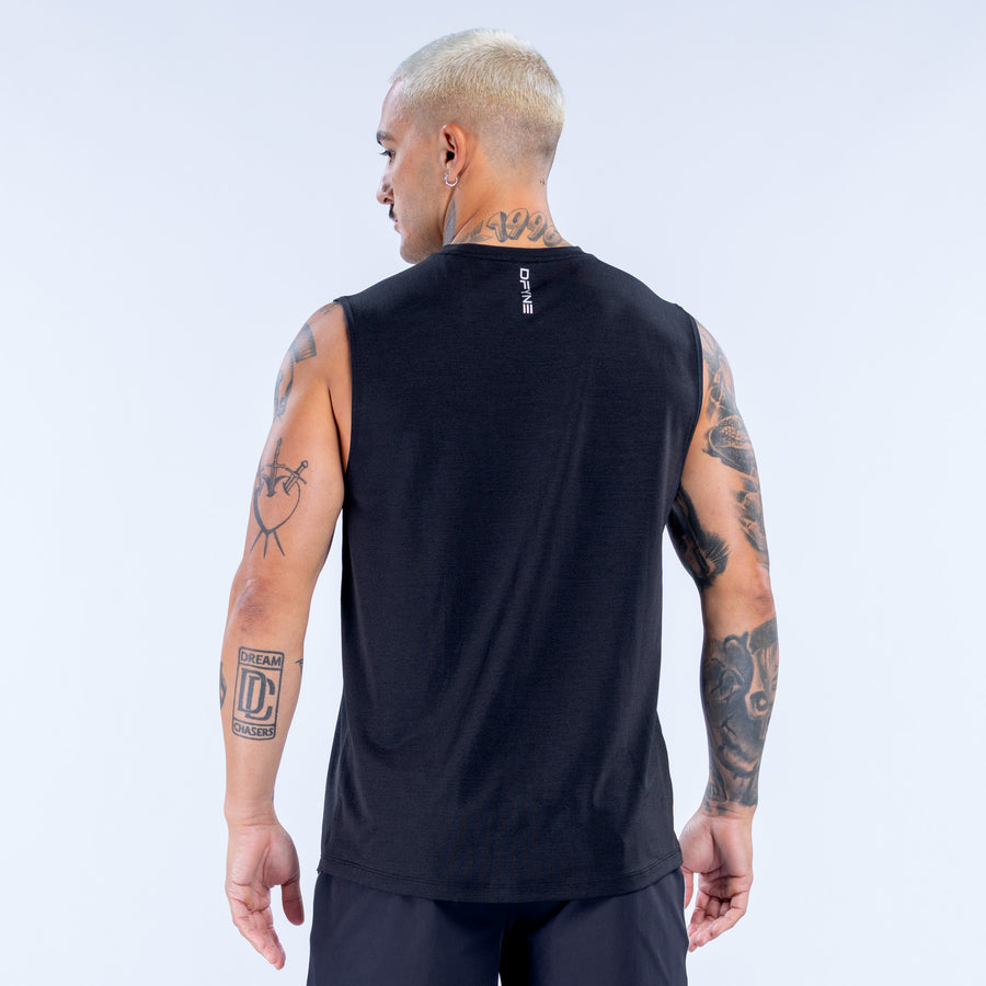 Men's black sleeveless tank top, back view with small back logo