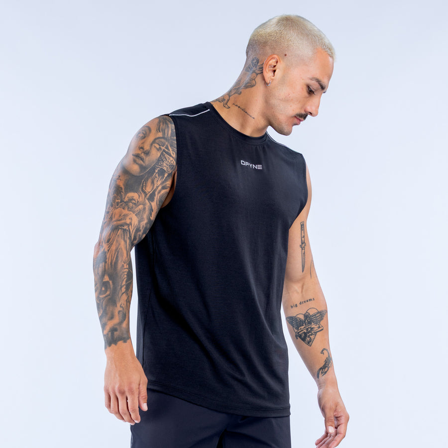 Men's black sleeveless athletic tank top with round neck and small chest logo