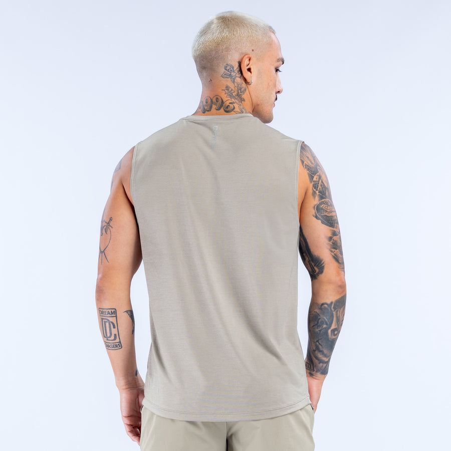 Men's light tan tank top, crew neck and sleeveless back view
