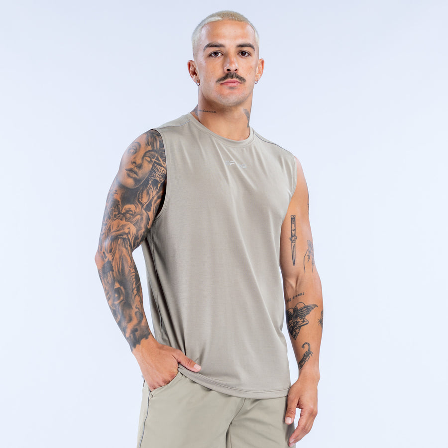 Men's light tan tank top, crew neck and sleeveless front view