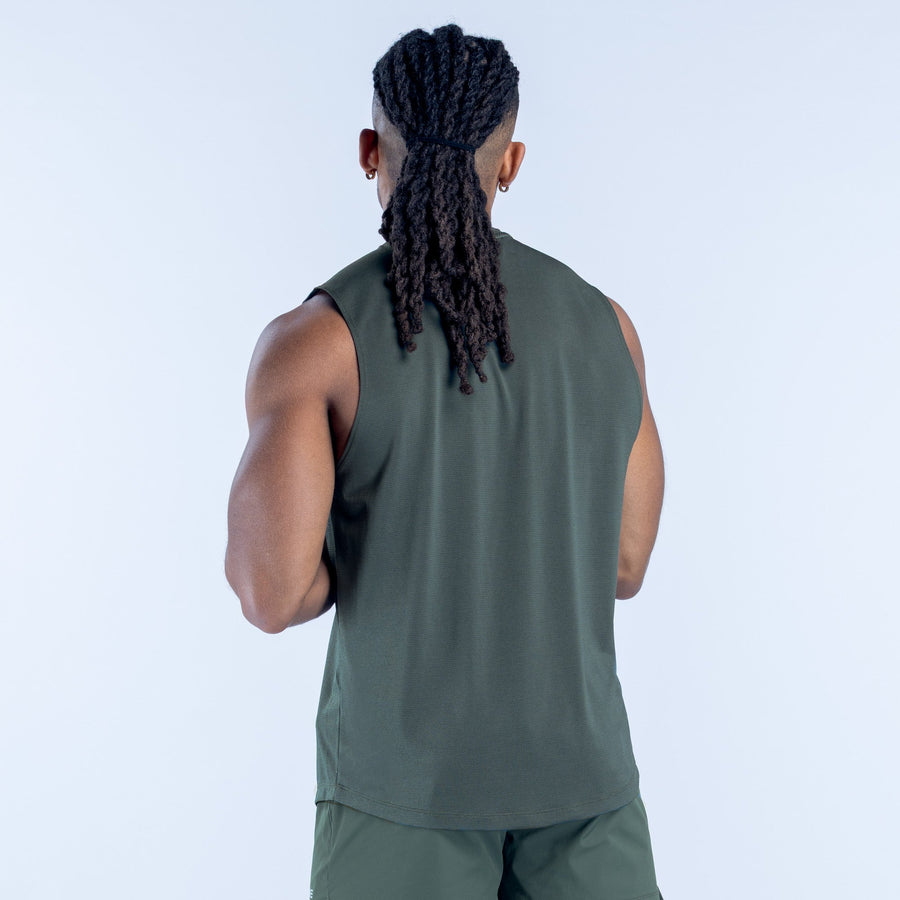 Dark green sleeveless back tank top, crew neck, no visible front logo