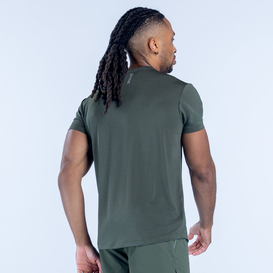 Men's dark green active short-sleeve top, back view with small logo