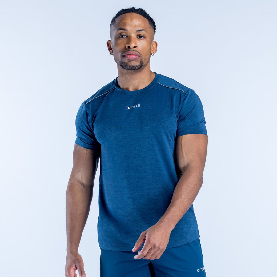 Blue crewneck short-sleeve active top, fitted athletic look with chest logo.