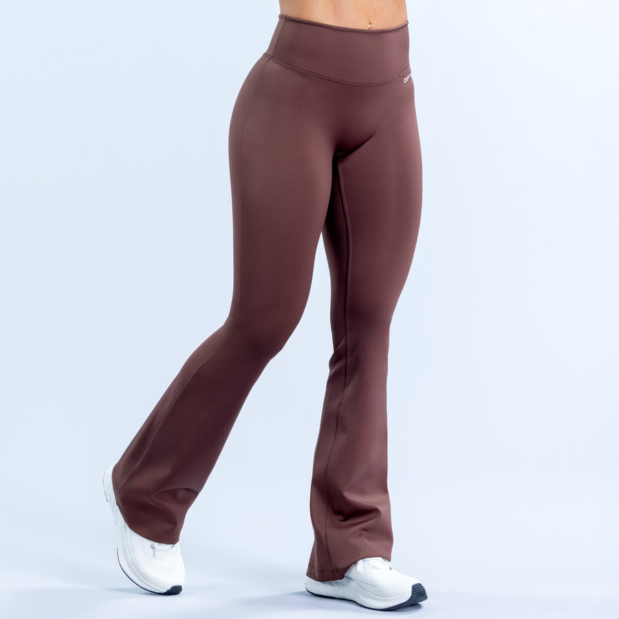 Women's dark maroon flared leggings with high-rise waistband