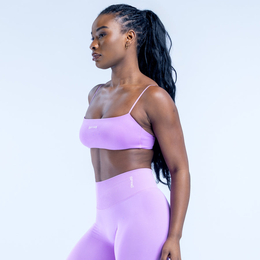Strappy bra in light purple with thin shoulder straps and smooth contour cups