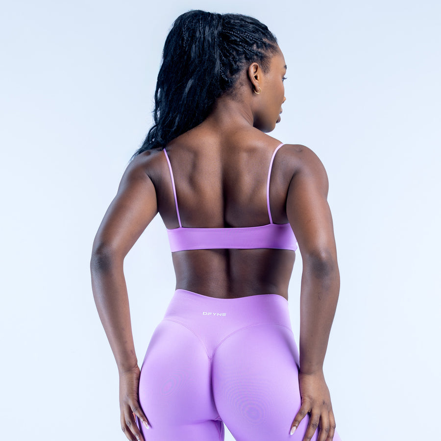 Strappy bra in light purple with open back and crossing thin straps