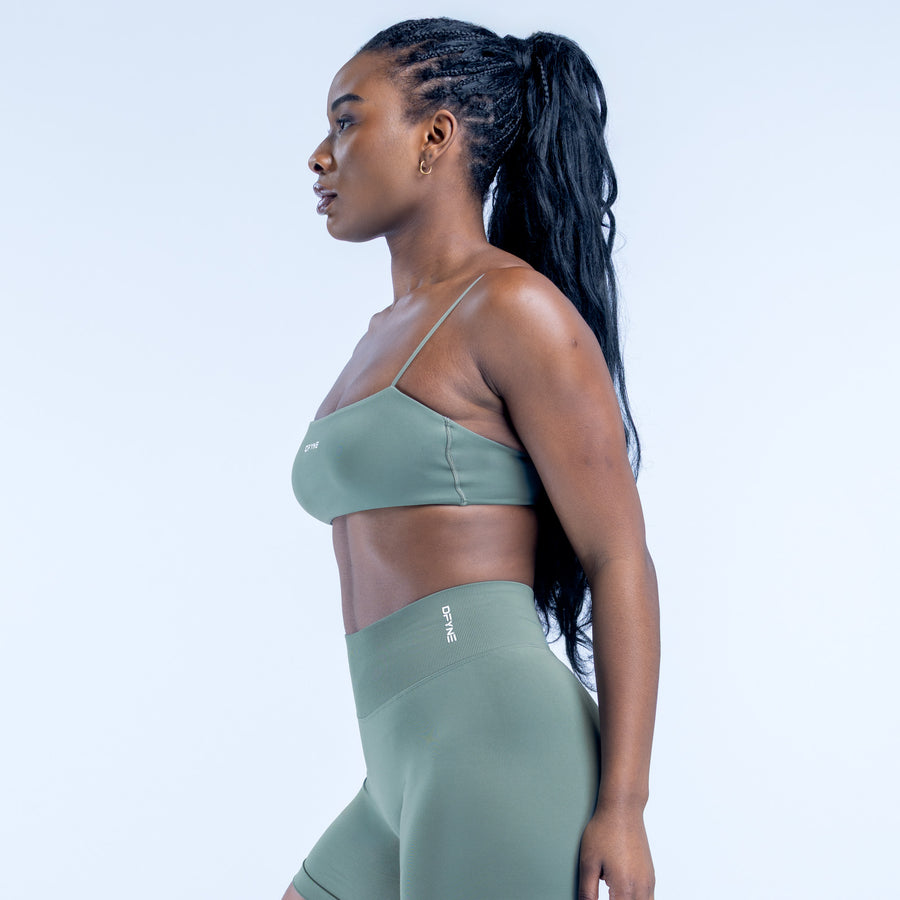 Strappy bra in sage green with thin straps and scoop neckline