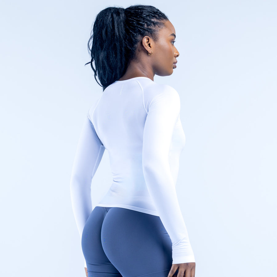 White long sleeve athletic top, back view with crew neckline