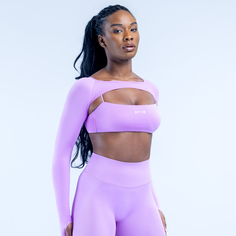 Lavender long sleeve shrug with wide neckline front cutout