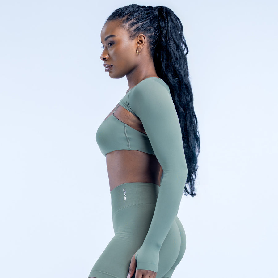 Sage green long-sleeve cropped shrug with relaxed drape and wide neckline