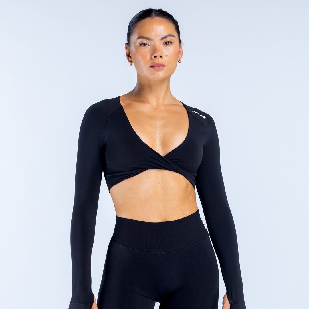 Black twist-front long-sleeve crop top with V-neck