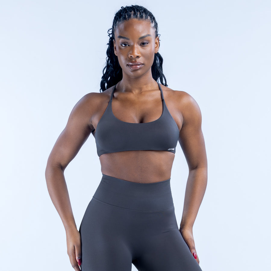 Sports bra with thin adjustable straps, dark gray front panel
