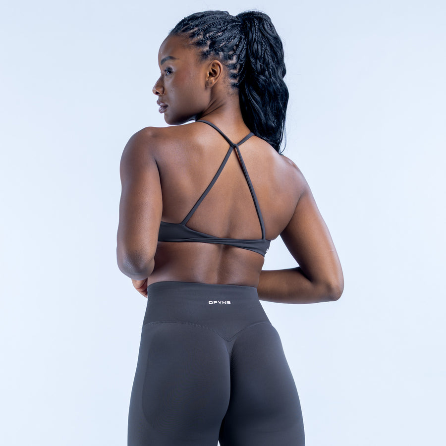 Sports bra back with crisscross straps, dark gray fabric