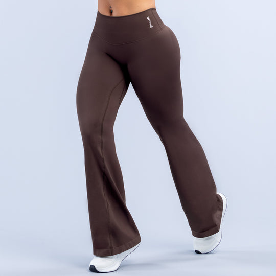 Dark brown high-waist flare leggings with smooth fabric and straight fit