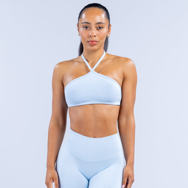 Light blue high-neck halter bra with crisscross halter strap front