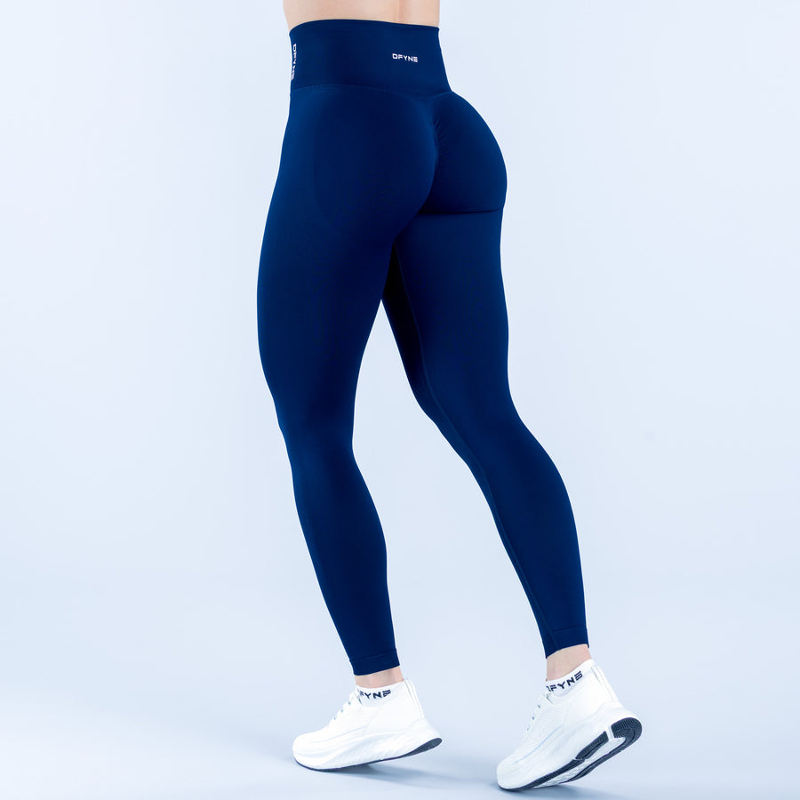 Dynamic leggings, dark blue high-waist back view with small logo on thigh