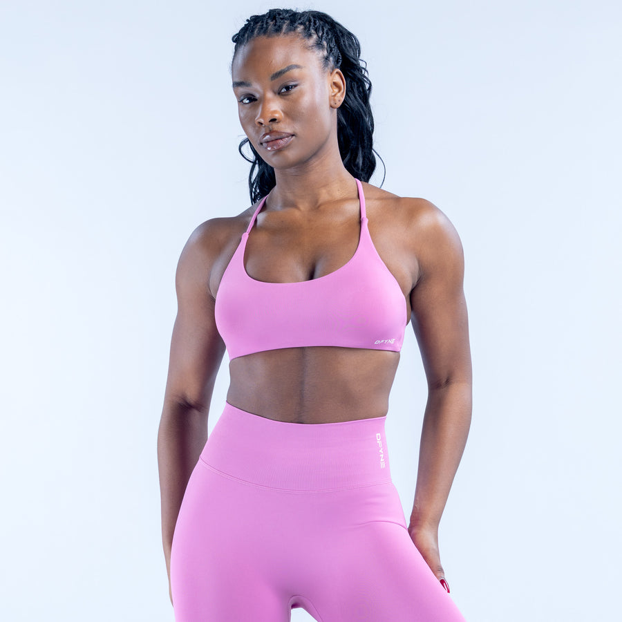 Dynamic Twist Back bra in pink with scoop neckline and thin adjustable straps