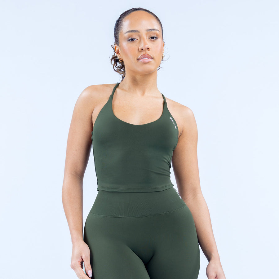 Dark green strappy sports top with racerback straps