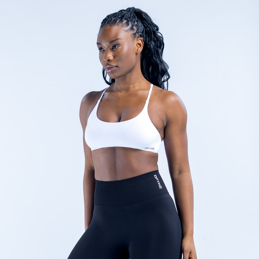 White sports bra with wide straps and elastic underband
