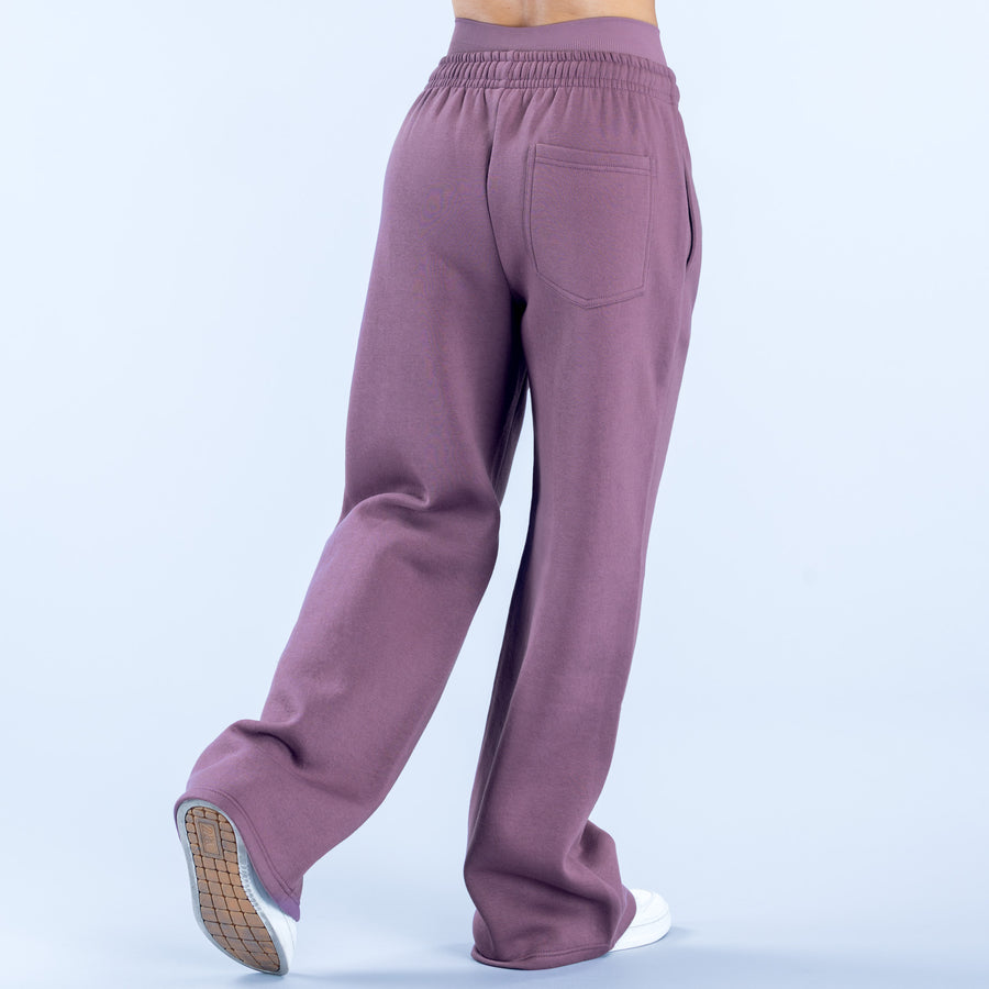 Plum wide-leg jogger pants, elastic waistband with back patch pocket and cuffs