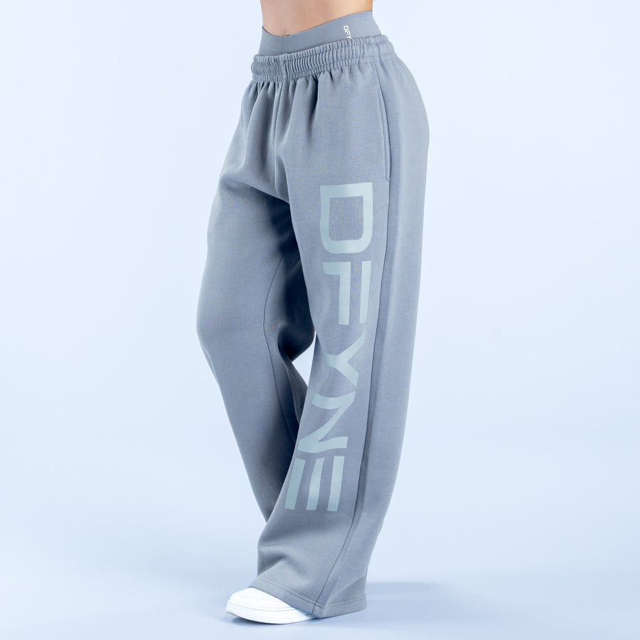Light blue-gray wide-leg jogger pants with DIVE print on the leg and elastic waistband.