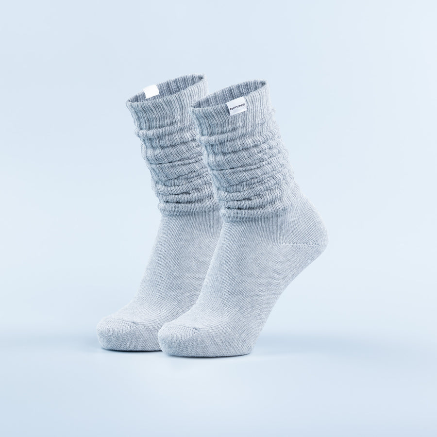 Scrunch socks in light blue with ribbed cuff and knit texture, ankle length