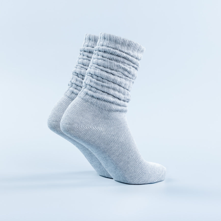 Light blue scrunch sock with gathered cuff detail and smooth knit foot