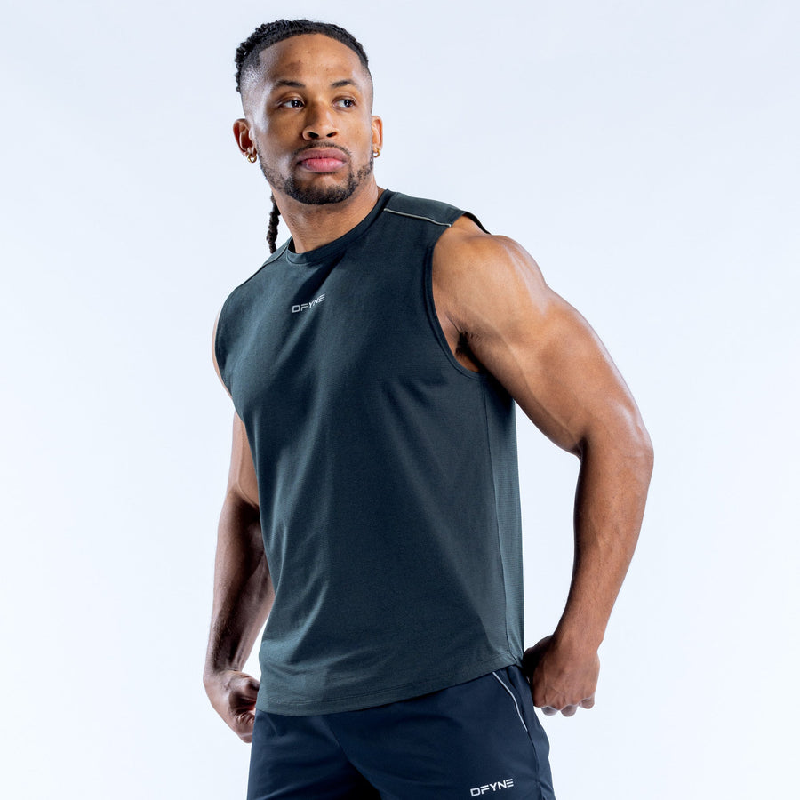 Black sleeveless charge tank top with crew neck and side logo detail