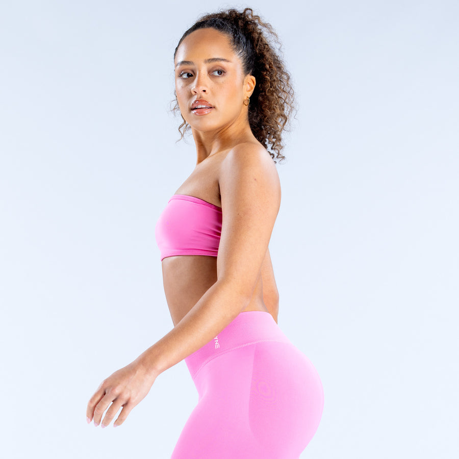 Pink bandeau top with straight neckline, side view