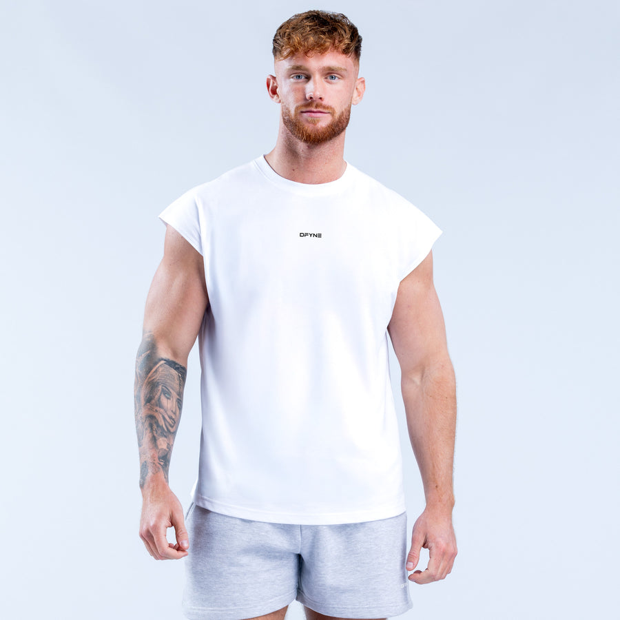 White sleeveless tank top with small chest DPFYN logo