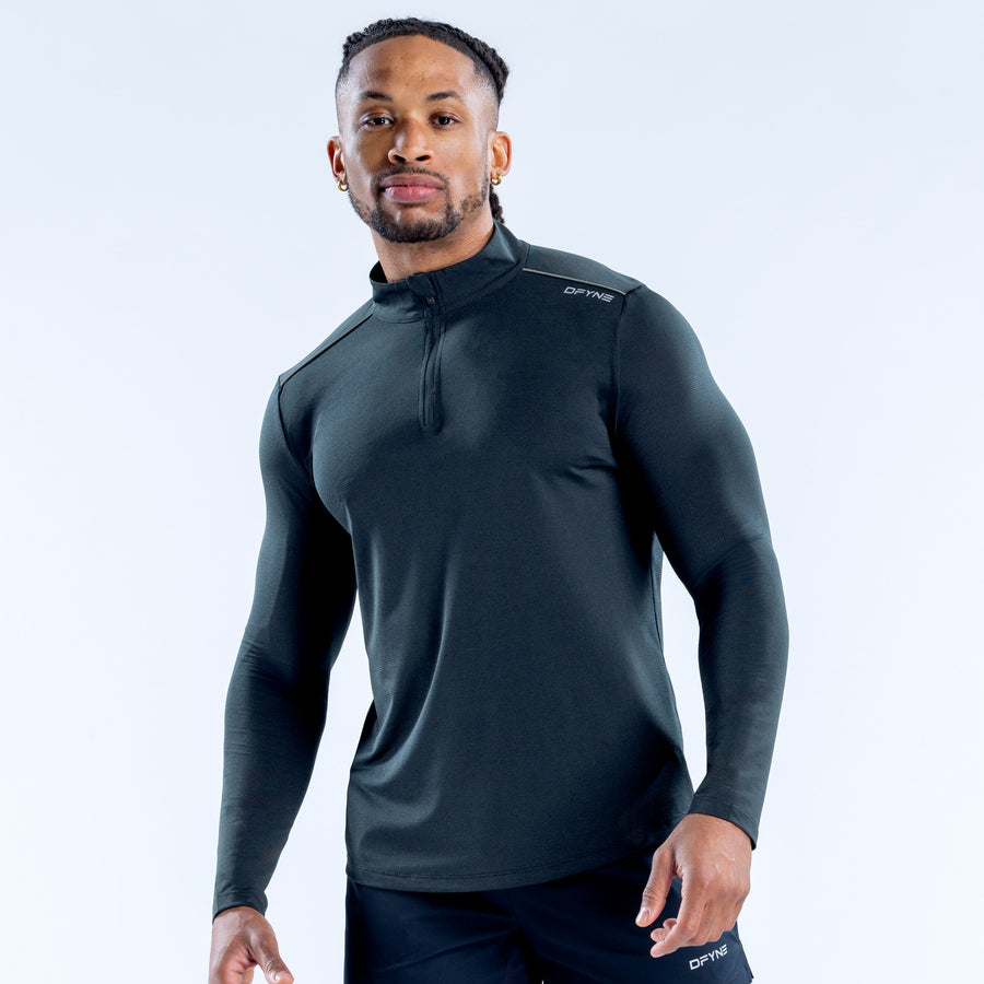 Men's dark quarter-zip athletic pullover with long sleeves and stand collar