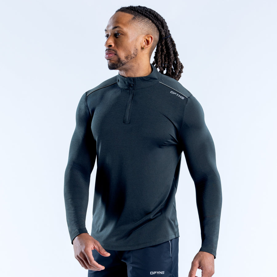Men's dark quarter-zip athletic pullover, half-zip front and long sleeves