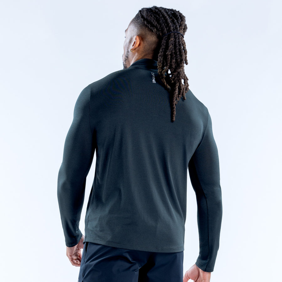 Men's dark quarter-zip athletic pullover, back view with long sleeves