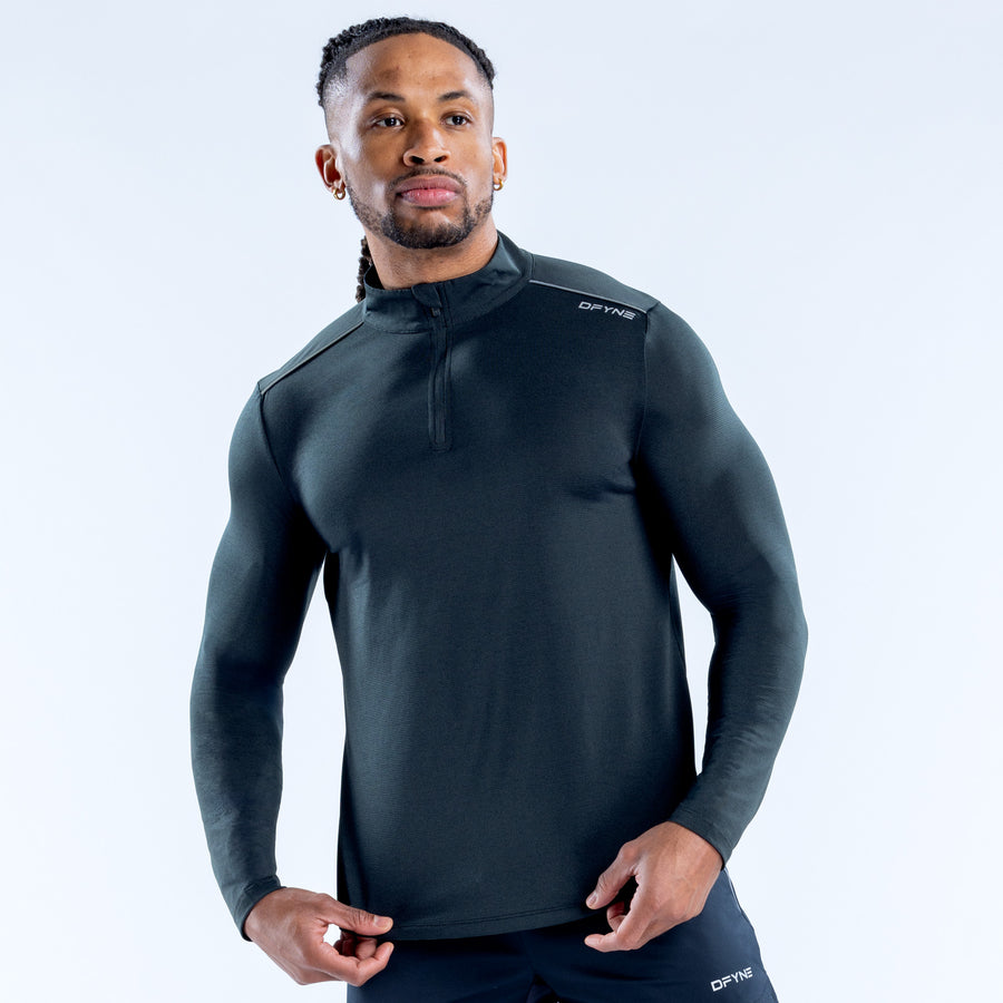 Men's dark quarter-zip athletic pullover, zip neck and fitted long sleeves