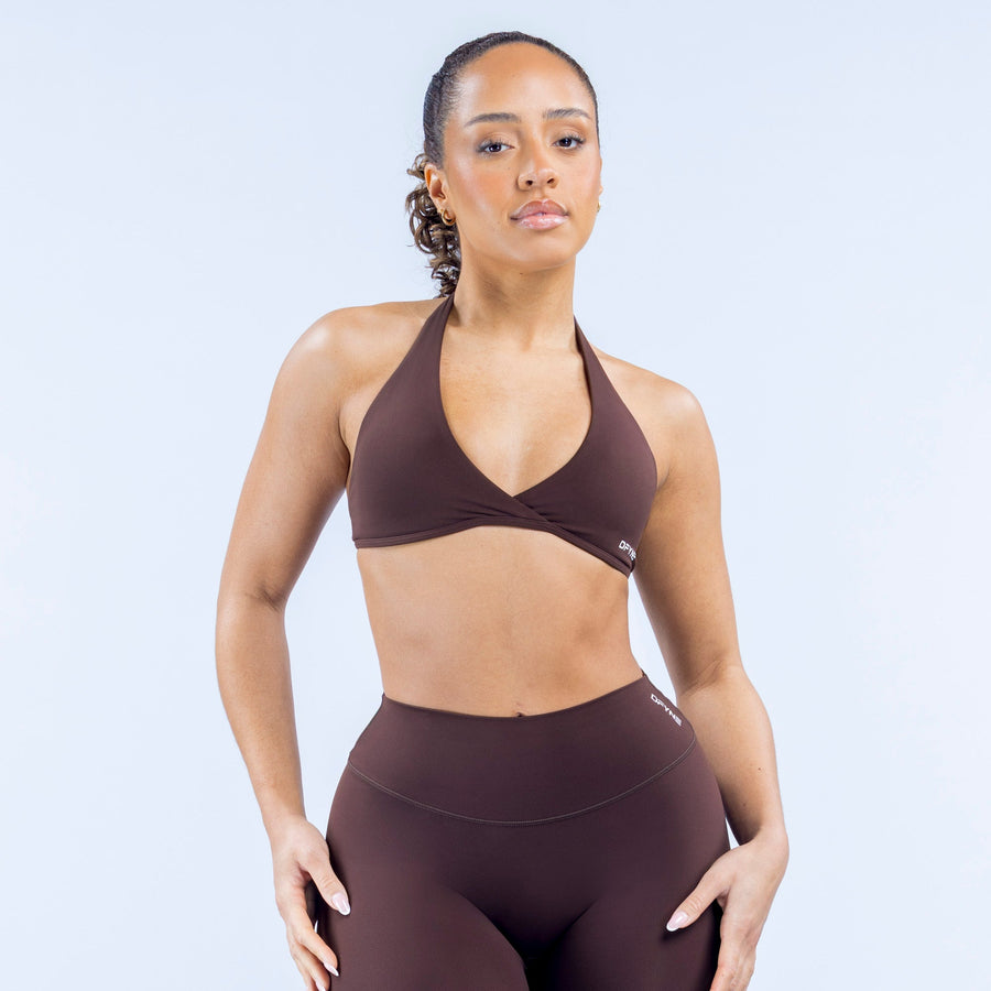 Dark brown halter triangle bra with V-neck and racer back strap