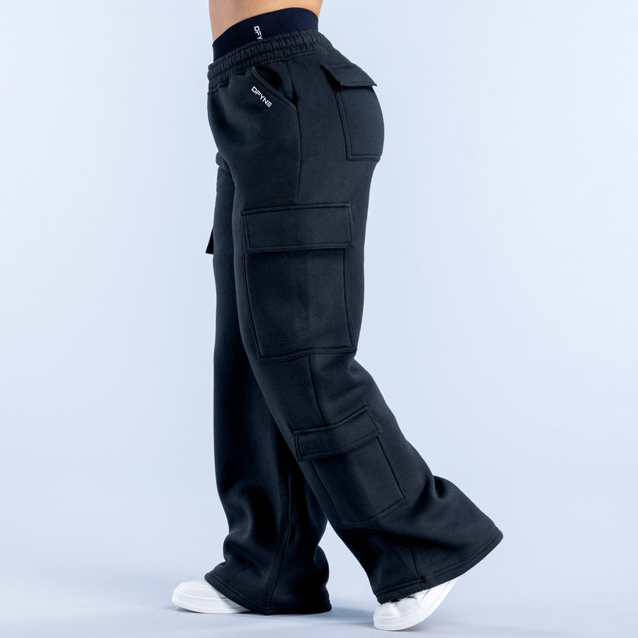 Black cargo jogger pants with side cargo pocket panels and elastic cuffs