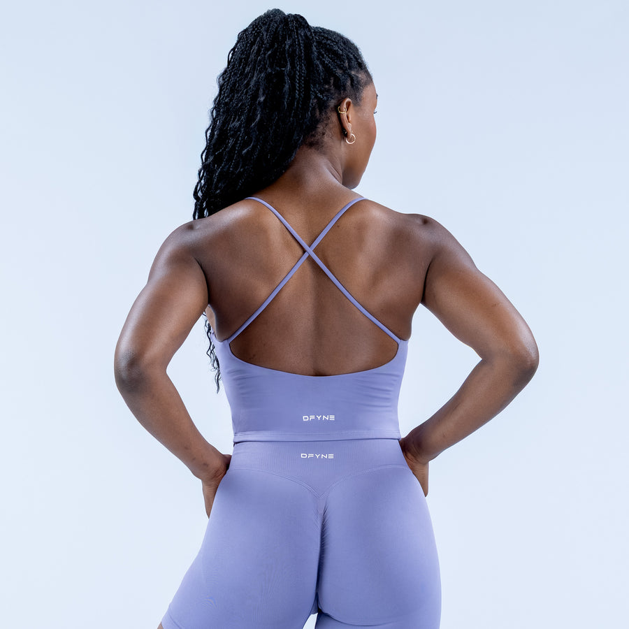 Lavender strappy sports top with crisscross back straps