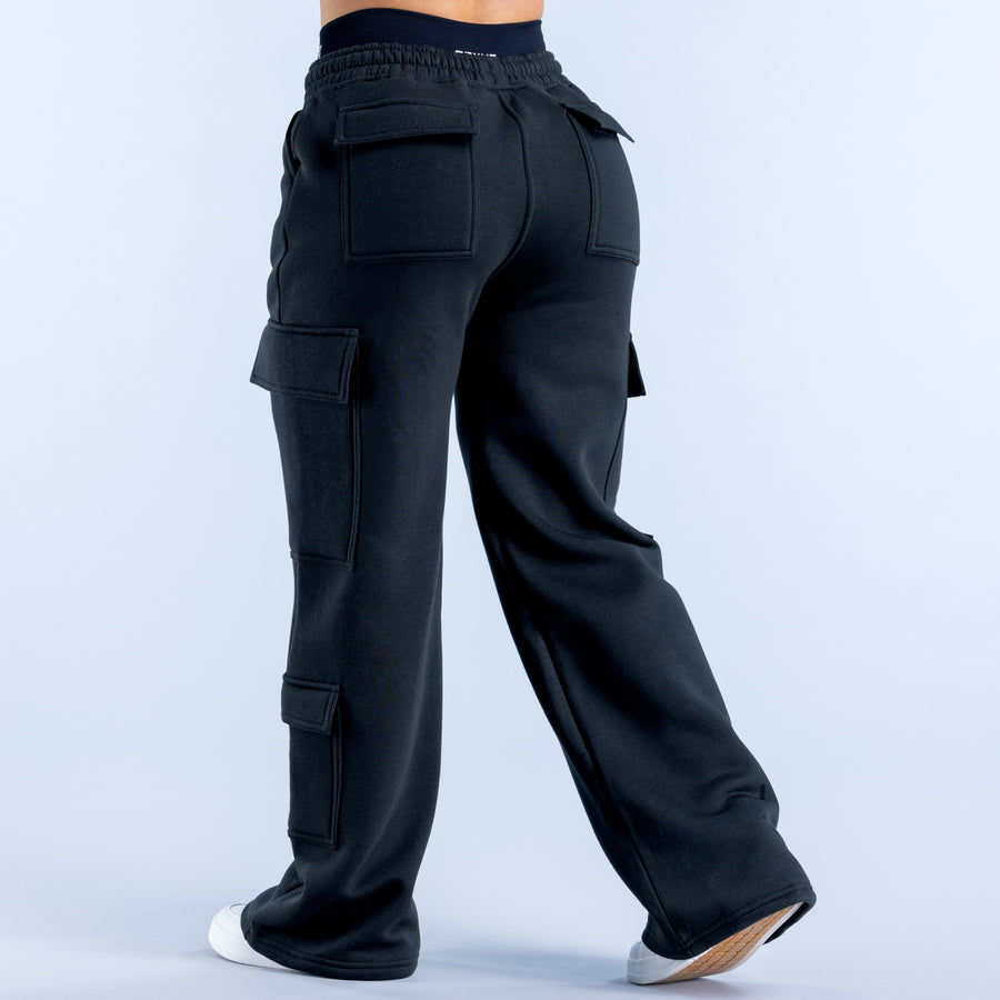 Black cargo jogger pants with elastic waistband and cargo pockets at back