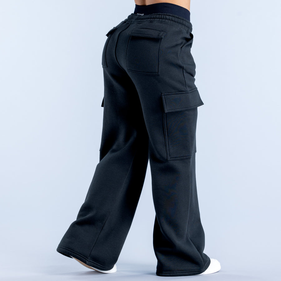 Black cargo jogger pants with side cargo pockets and relaxed straight legs