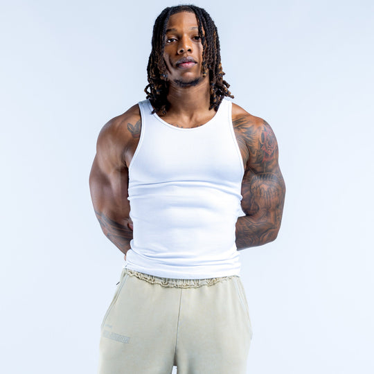 White ribbed tank top with crew neck and sleeveless design