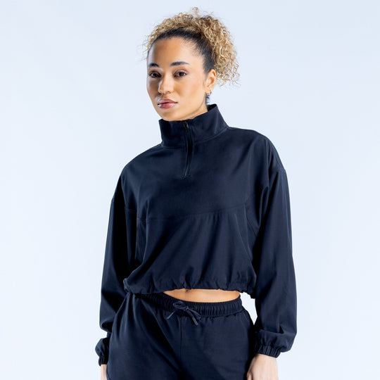 Black cropped zip-up jacket with high collar, quarter zip, elastic cuffs