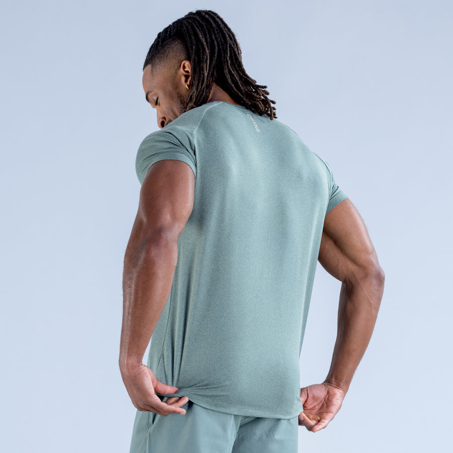 Men's training T-shirt, back view, teal-green crew neck