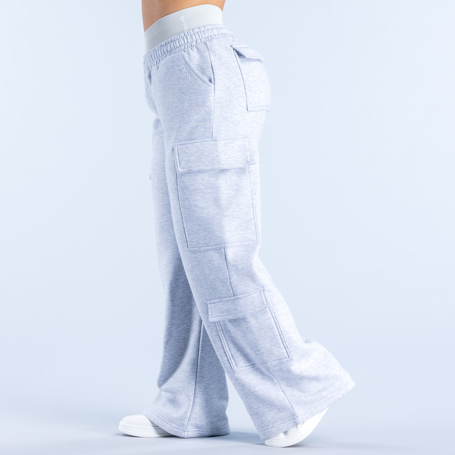 Light blue cargo jogger sweatpants with drawstring waist, patch pockets, relaxed fit