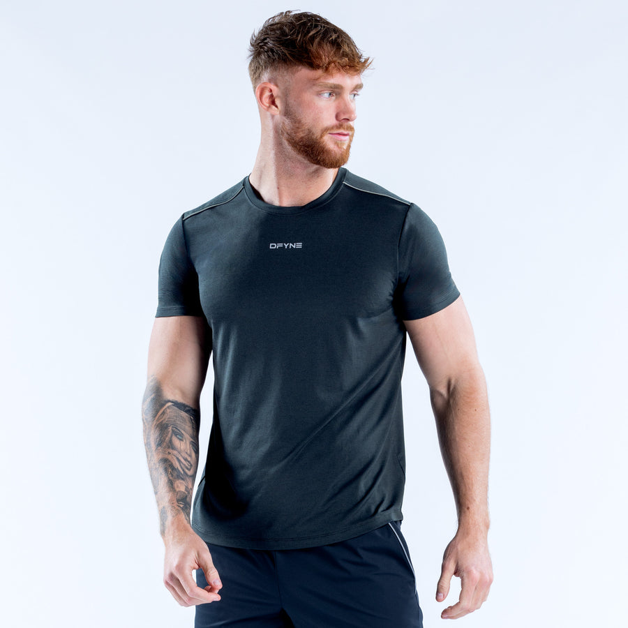 Men's dark green active top, crew neck, short sleeves, DPYNE chest logo