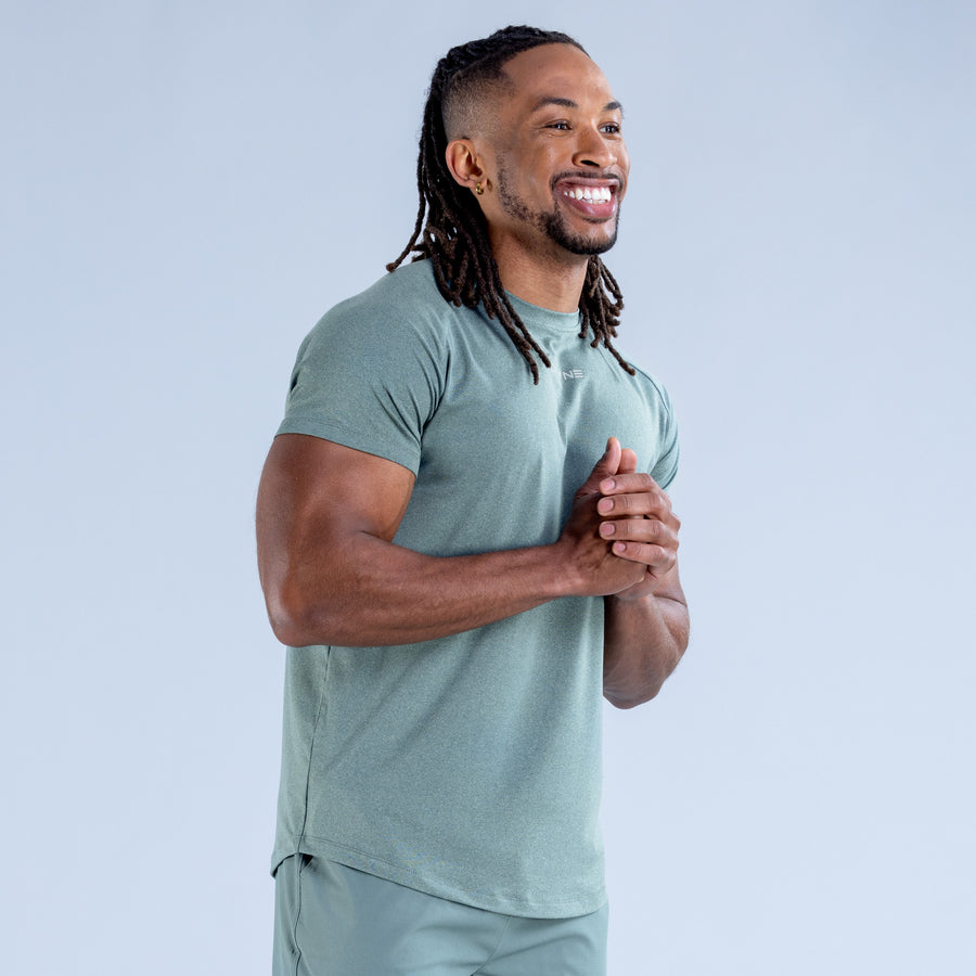 Men's training T-shirt, front view, teal-green crew neck, short sleeves