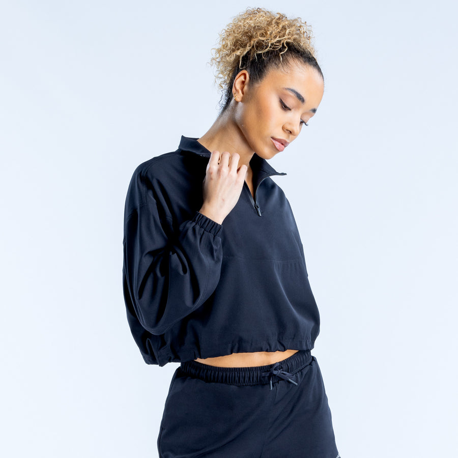 Black cropped zip jacket with high collar and zip front, long sleeves, elastic hem