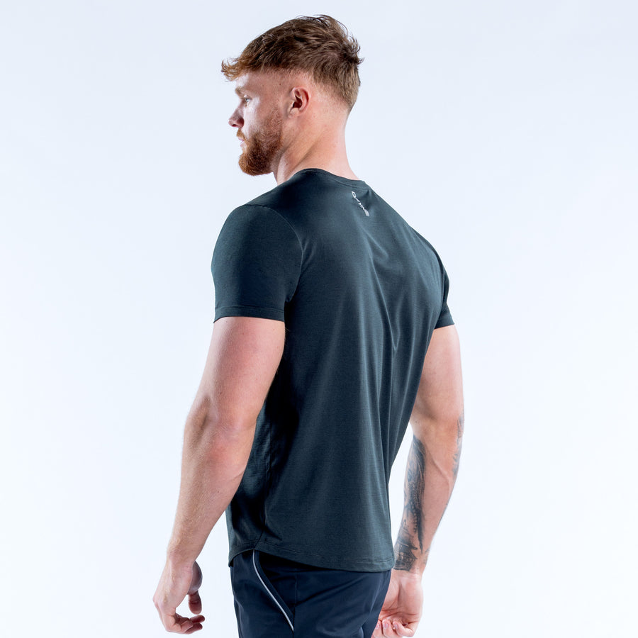 Men's dark green active top, back view, short sleeves, crew neck