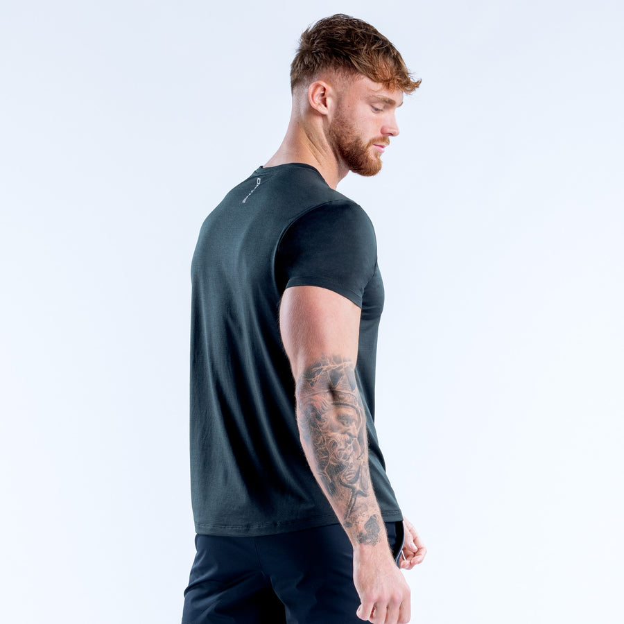 Men's dark green active top, side profile, short sleeves, crew neck